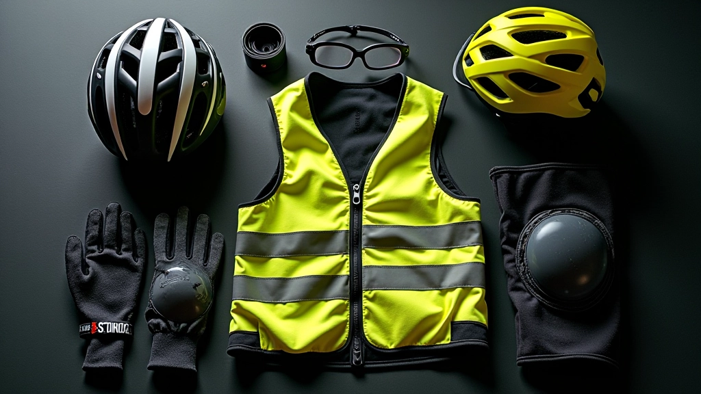 Kask rowerowy, okulary, rękawiczki i odblaski na czarnym tle