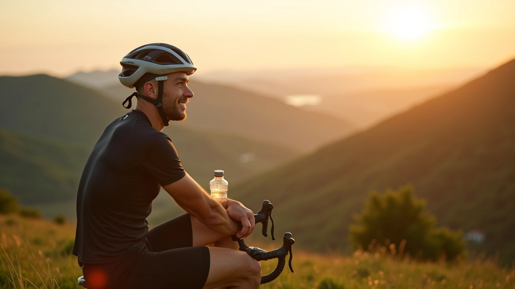 Rowerzysta podczas odpoczynku na szczycie wzgórza, butelka wody, panoramiczny widok na dolinę