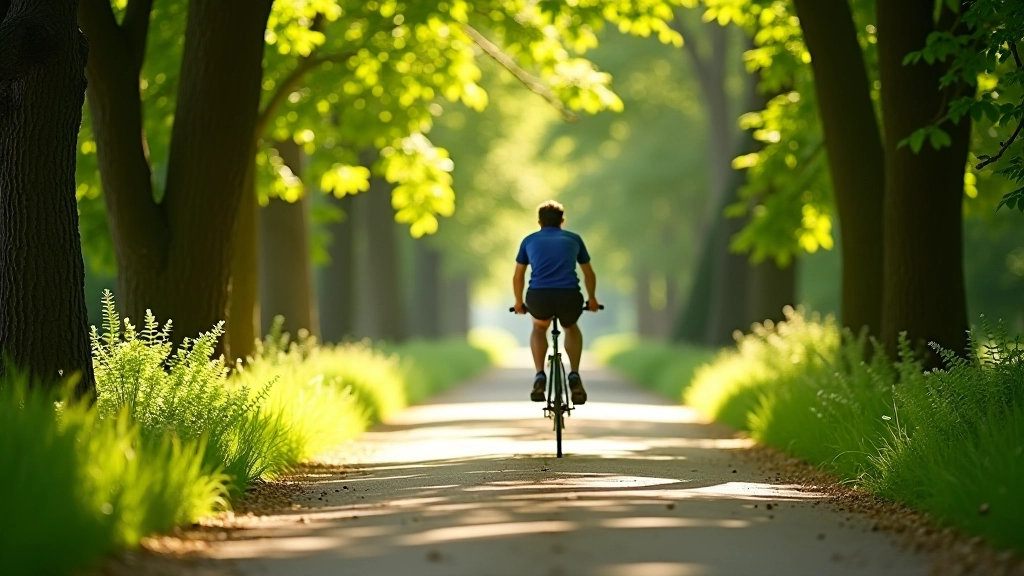 Rowerzysta na szlaku wśród zieleni parku zdrojowego, słoneczny dzień